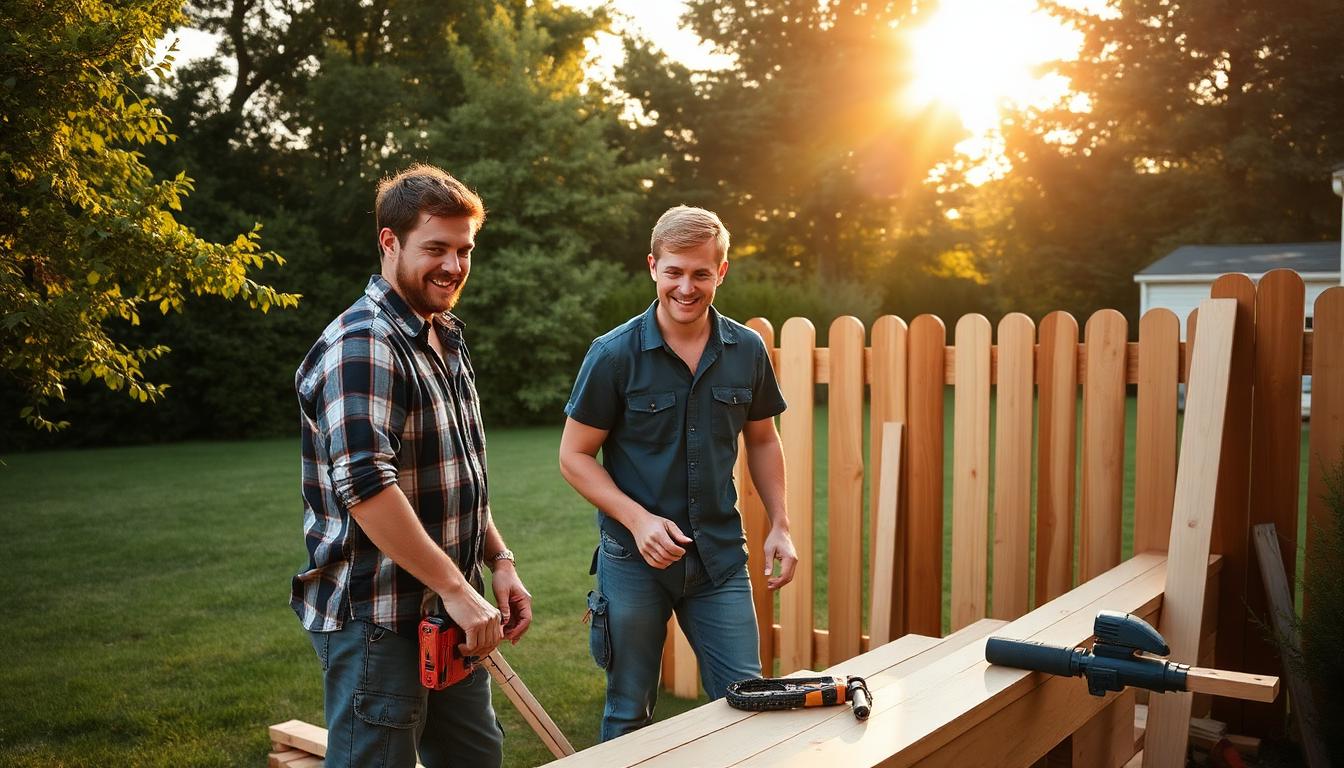 Family working together on a fence installation in Maryland